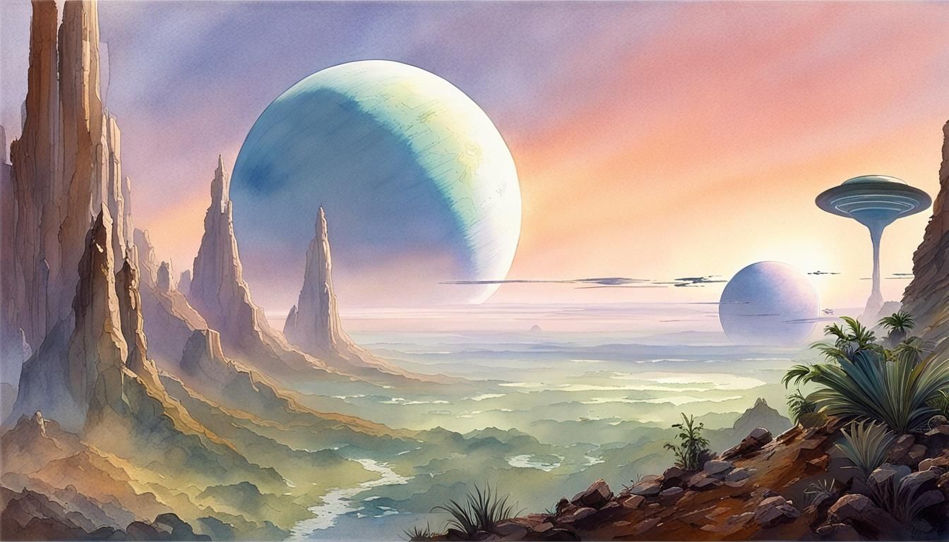 Dawn on a Terraformed Planet in Watercolour