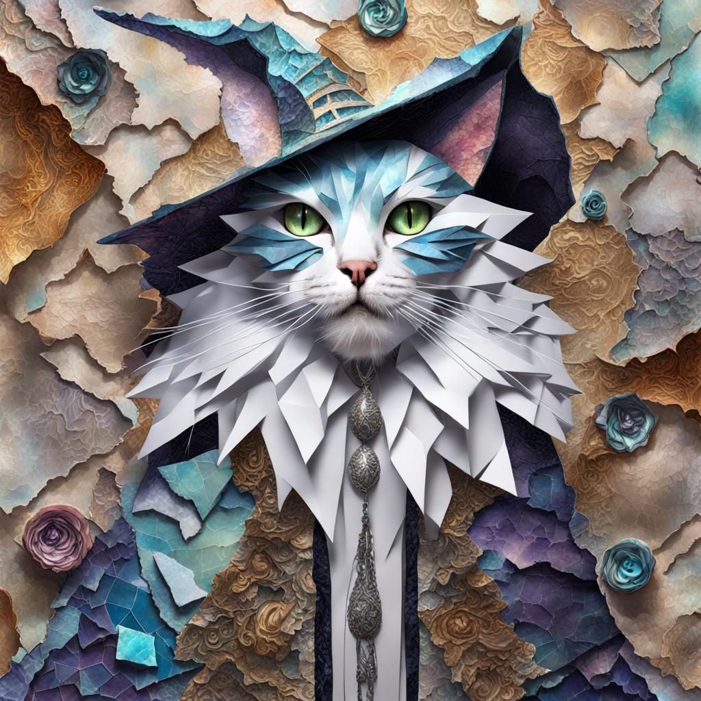 Fantasy Wizard Cat Mixed Media Collage
