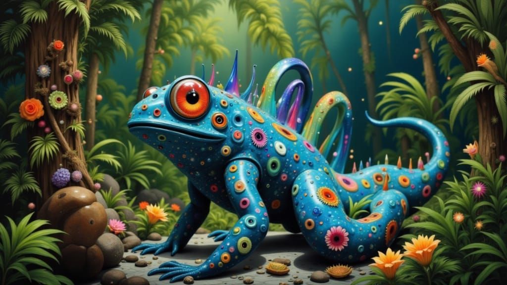 Surreal Futuristic Creature in Tropical Jungle