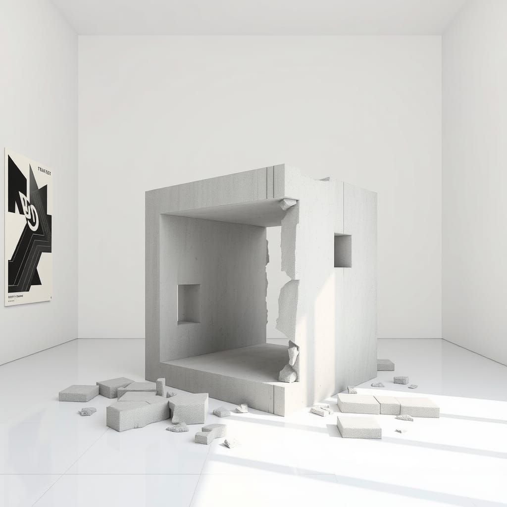 Deconstruction of a perfect concrete clay cube in the interi...