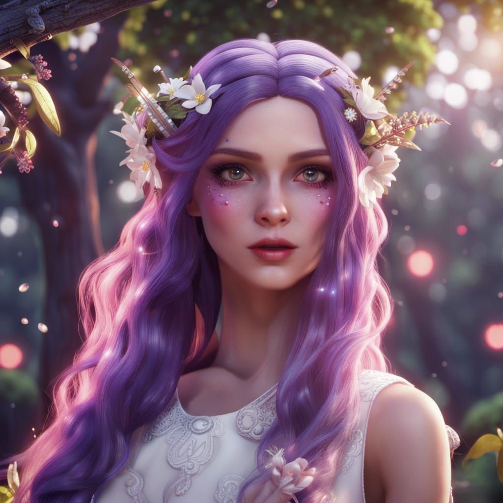 Purple Haired Fairy in Flower Dress, 3D Render