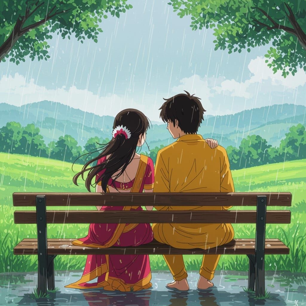 Romantic Couple in Rainy Anime Landscape
