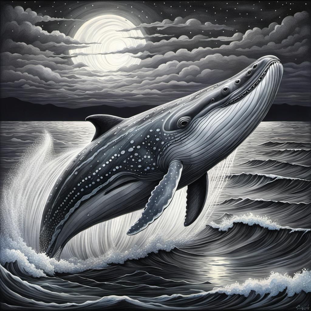 Grey Whale Breaching on a Winter Evening: Pencil Sketch