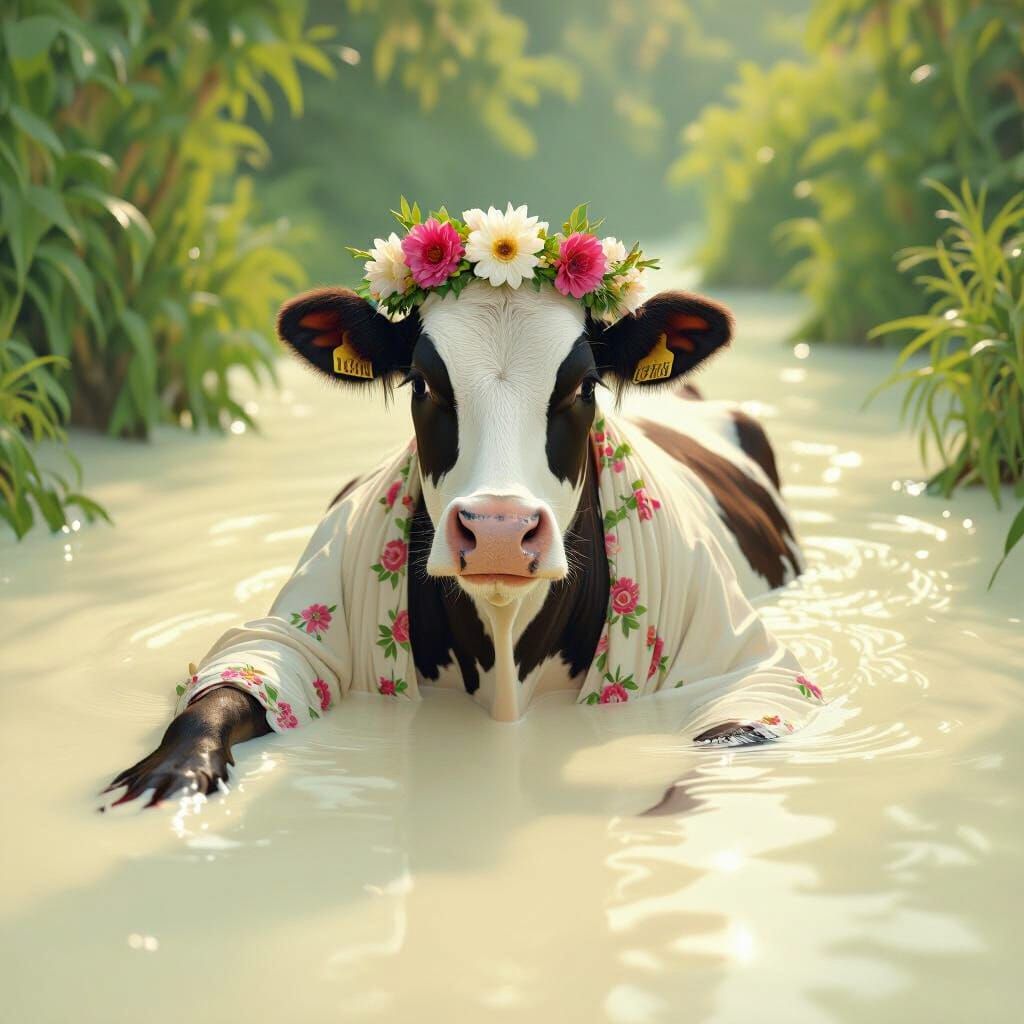 Cow in Milk Sea with Floral Crown, Ethereal Art