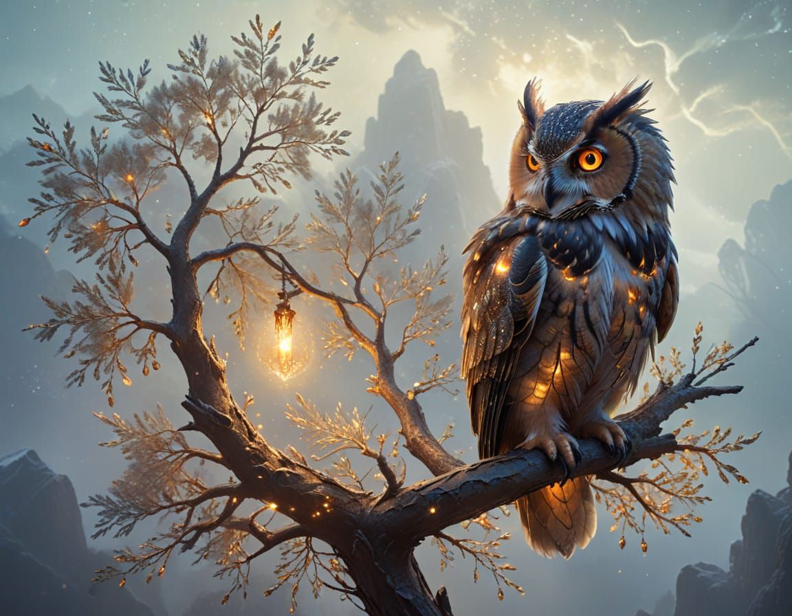 Majestic Owl with Amber Eyes on Crystalline Branch