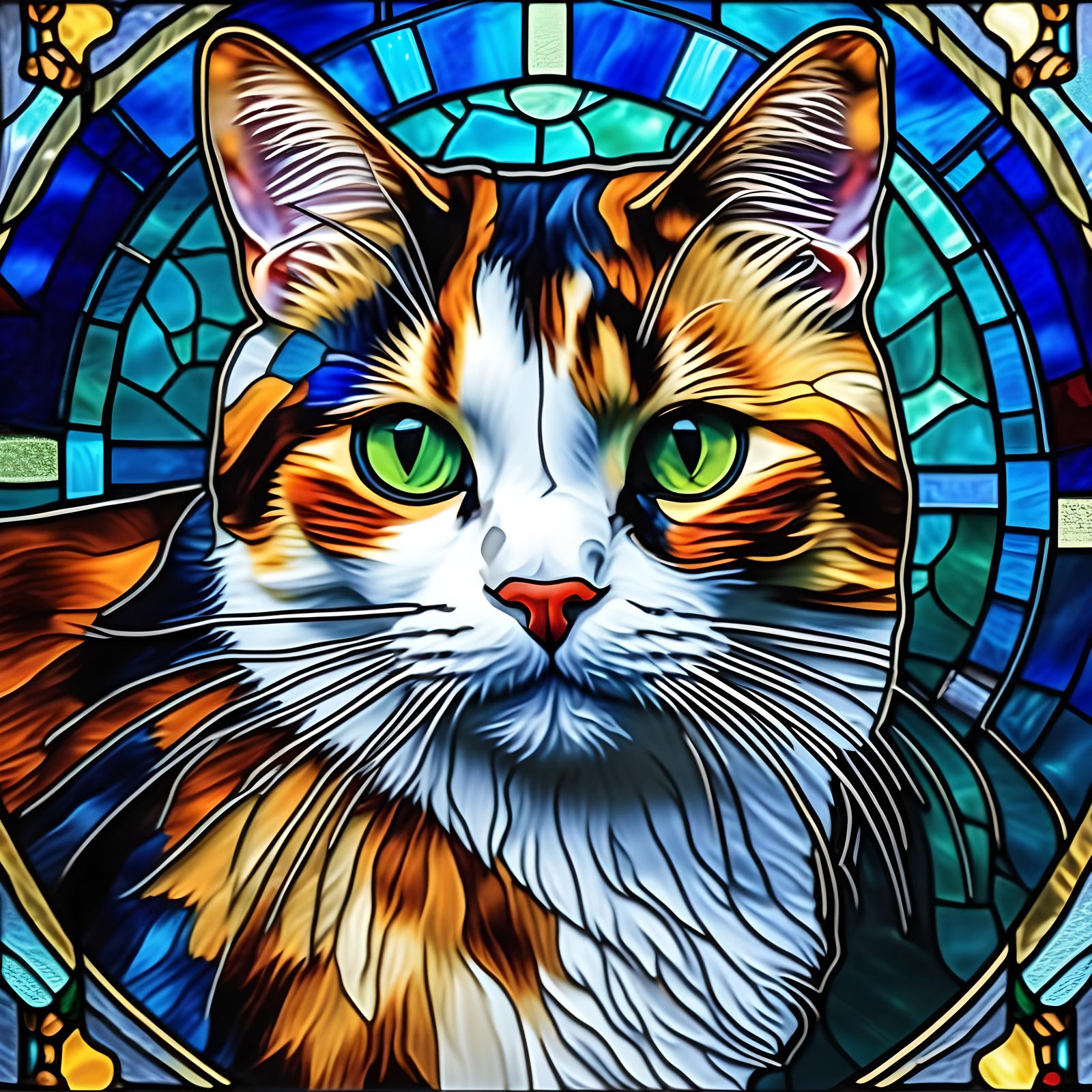 Stained Glass Portrait of Calico Cat, Hyperrealistic Style