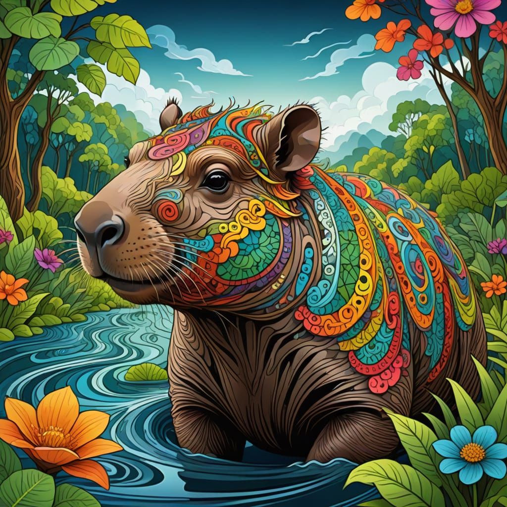 Psychedelic Capybara Portrait in Vibrant Rainforest