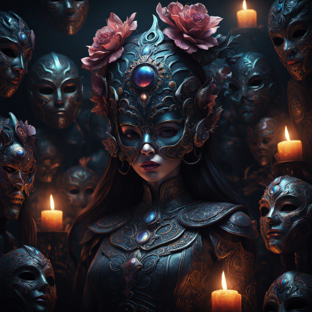 Dark Fantasy Scene with Enchanted Masks