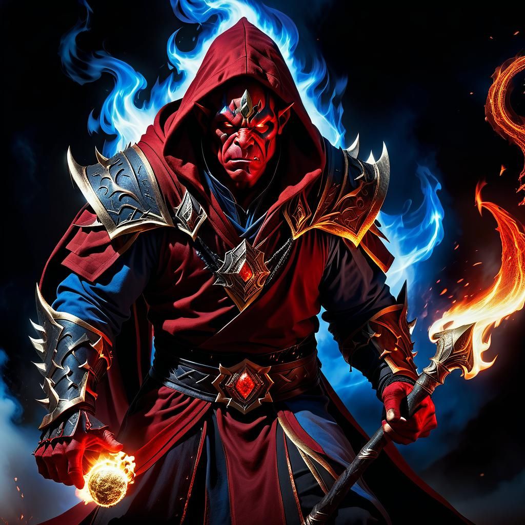 A red orc sorcerer casting a fire spell