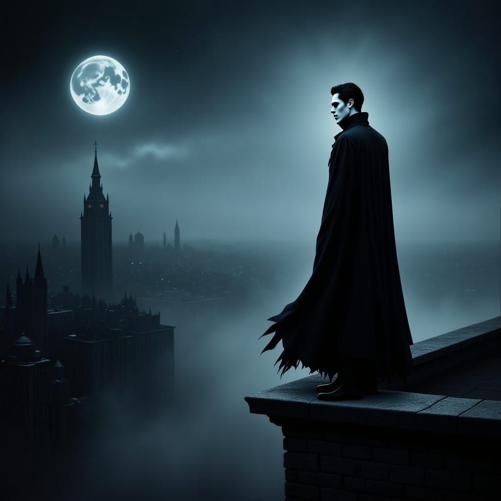 Ethereal Vampire Silhouette at Rooftop's Edge