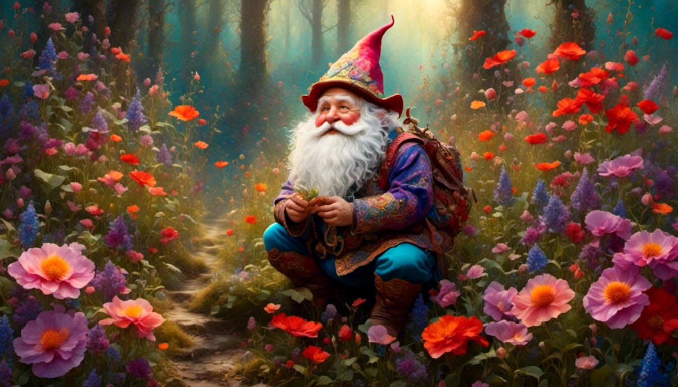A Forest Gnome Gathers Seeds and Flowers