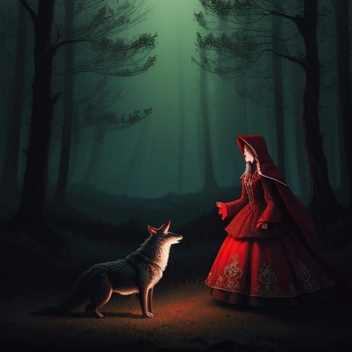 Red Riding Hood and Wolf in Enchanted Forest
