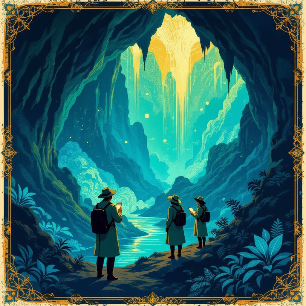 Bioluminescent Cave Discovery in Art Deco Style
