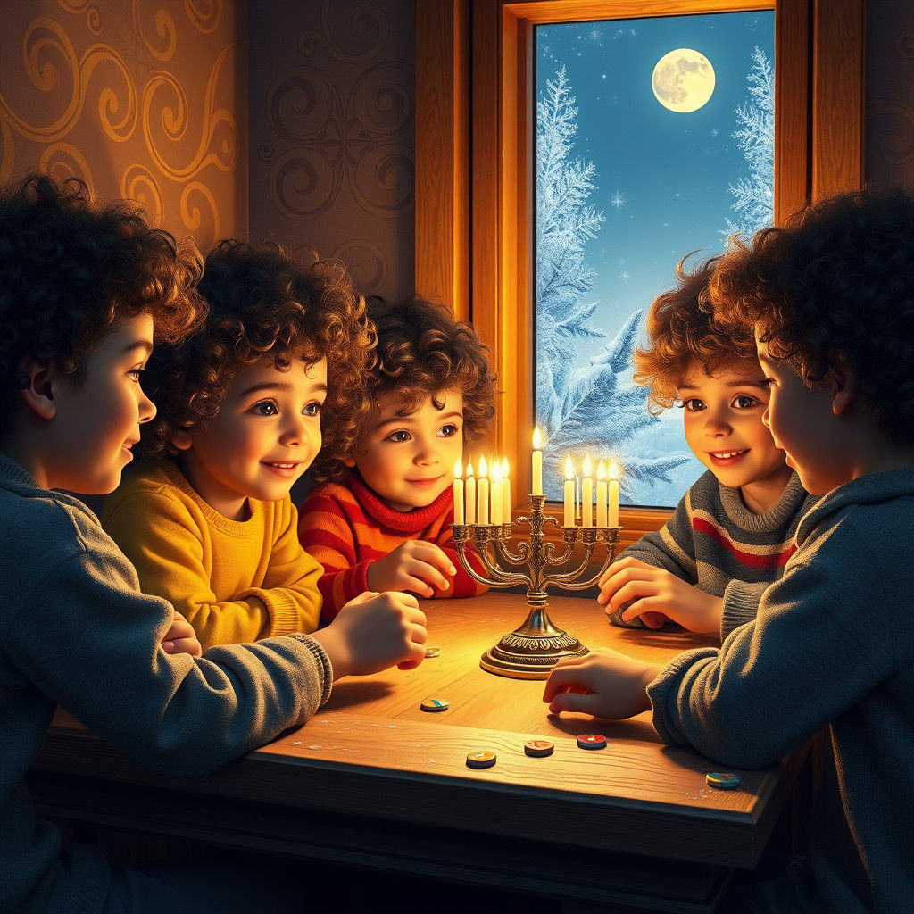 Hanukkah Night: Children Play Dreidel in Golden Light