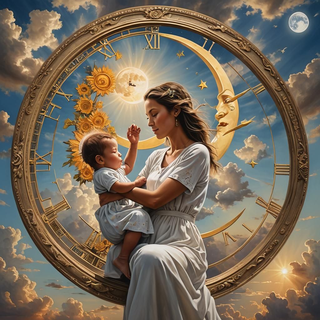 Surreal Mother and Child in Ethereal Landscape