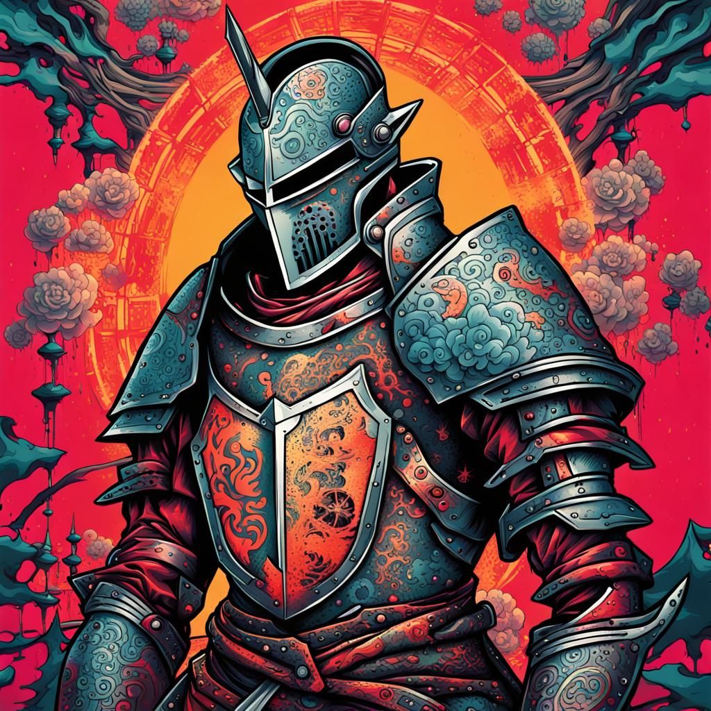 artistic image of a medieval cyberpunk knight in a Japanese tattoo illustration style. The knight should be portrayed in...