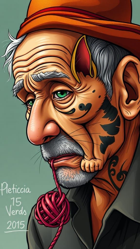 Cartoon Magazine Cover of Elderly Man with Cat Tattoo