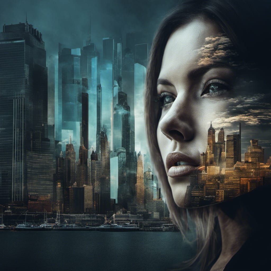 Double Exposure Portrait of Woman and City