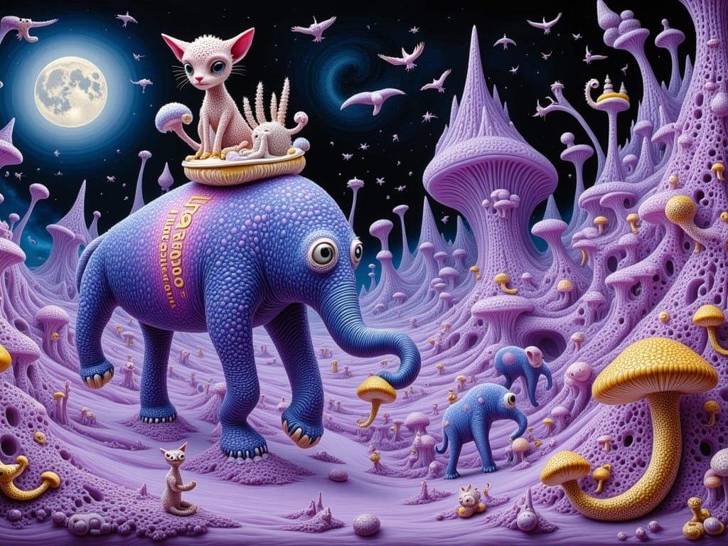 Surreal Elephant Caravan Marches Through Purple Dreamscape