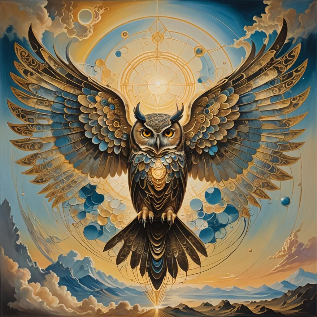 Radiant Owl Conducting Sunrise in Surrealist Style