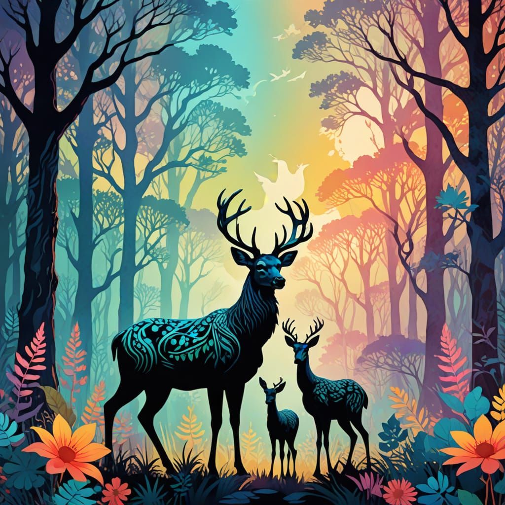 Dreamlike Silhouette Art: Deer and Rooster with Flowers