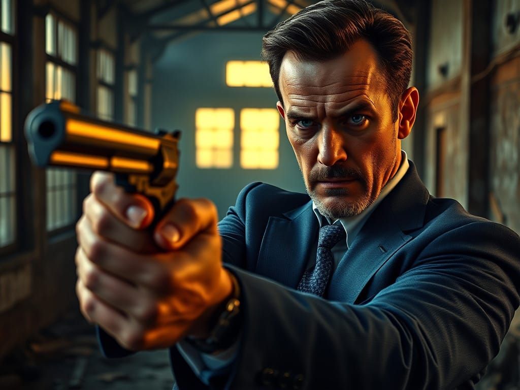 Mysterious Figure in Blue Suit Exudes Menace, Eyes Fixed Ahe...