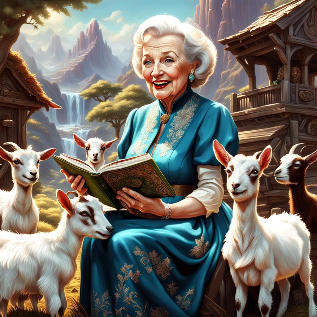 Betty White Reading to Goats: Detailed Digital Painting