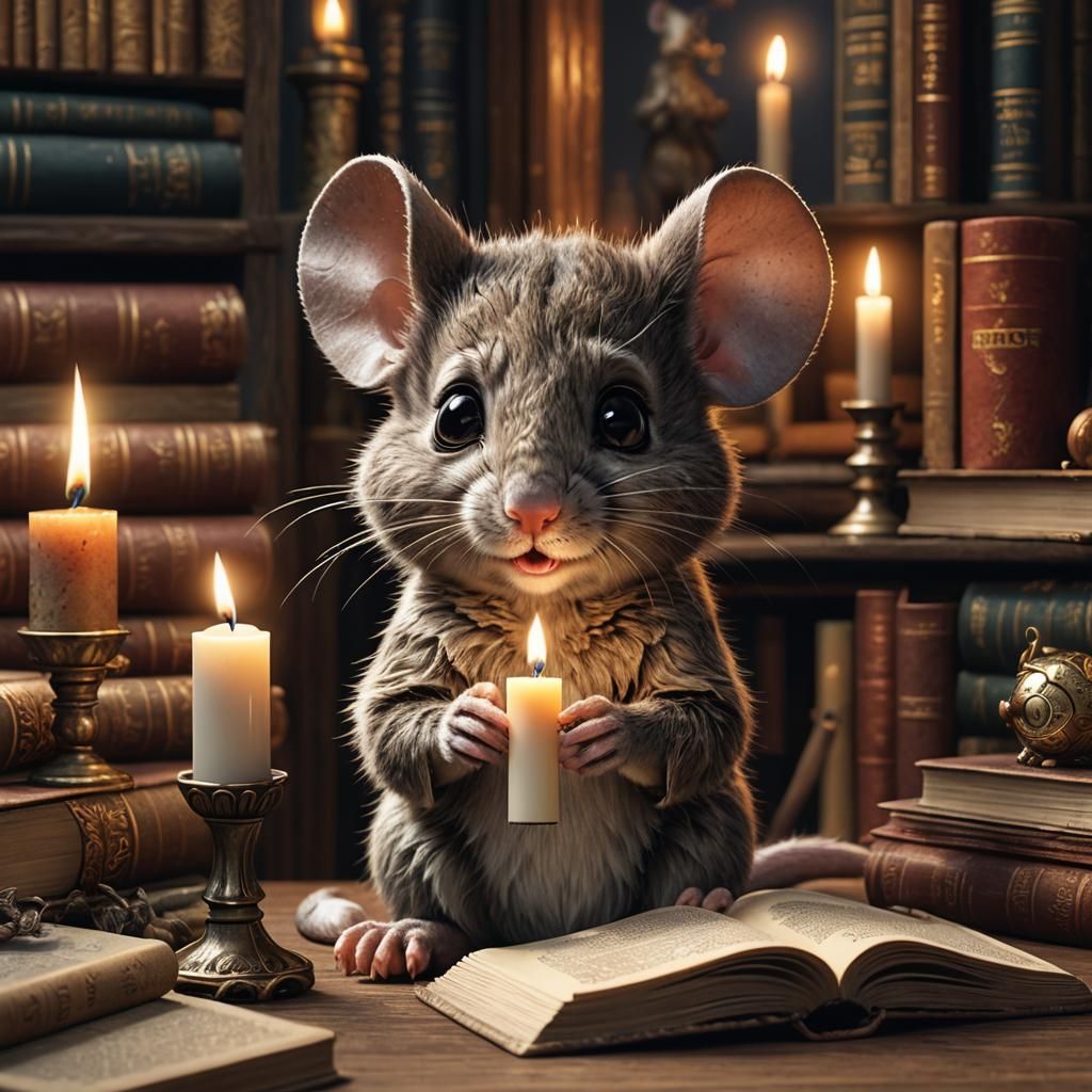 Mouse Lights Candle in Fantasy Library Setting
