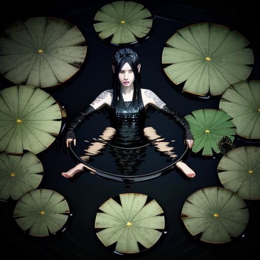 Goth girl swimming in lotus pond, photorealistic