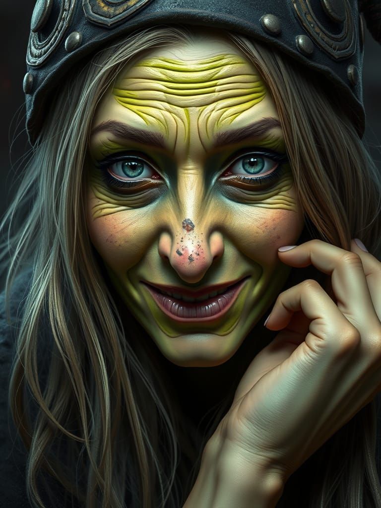 Green-Skinned Witch in Shy Smile, Intricately Detailed Portr...