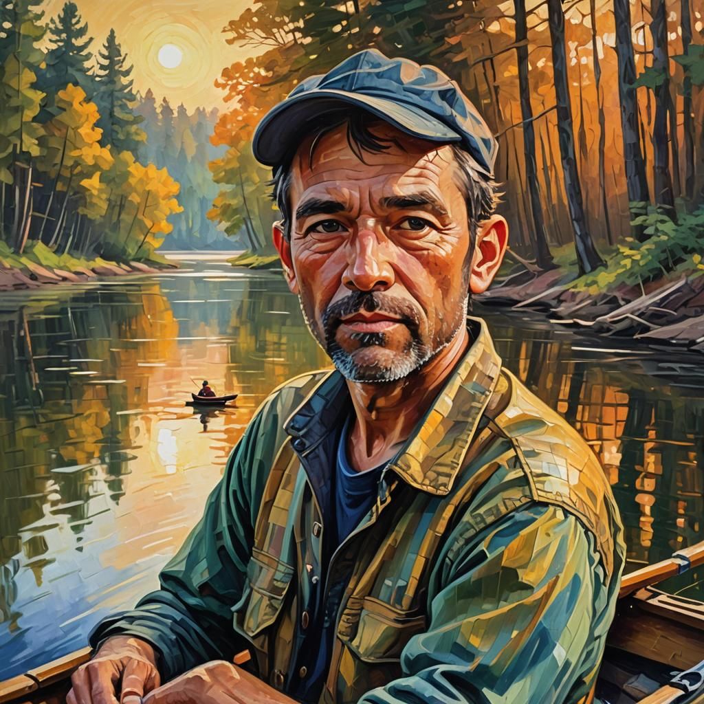 Man Fishing at Sunset in Expressionist Oil Painting