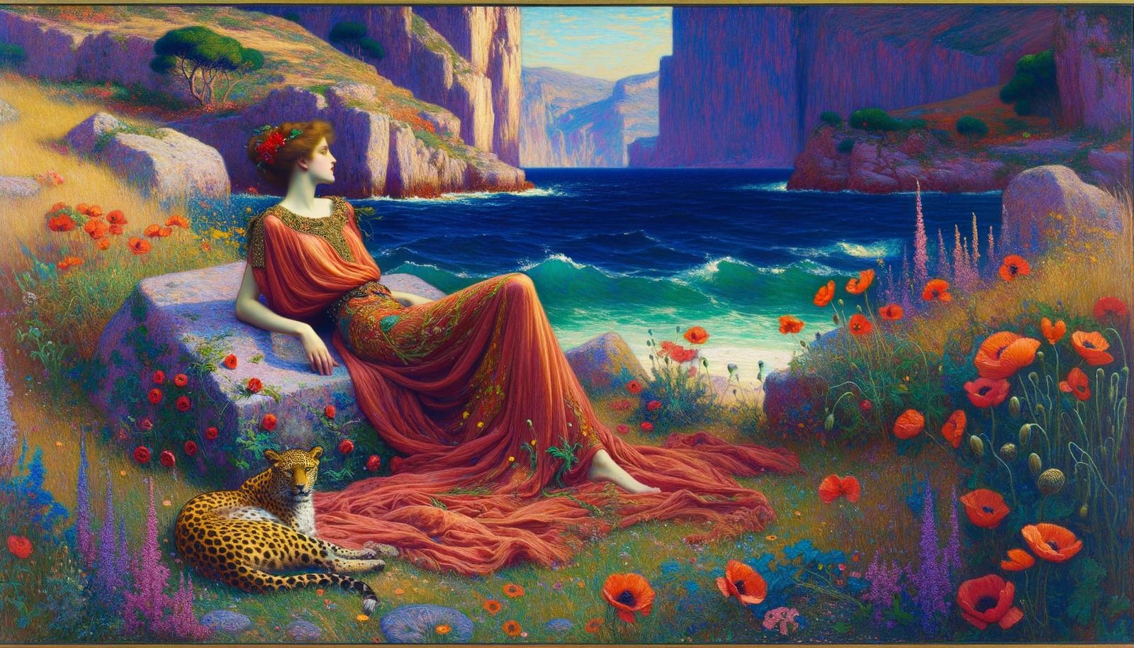 Sensual Mediterranean Goddess in Lavish Oil Painting
