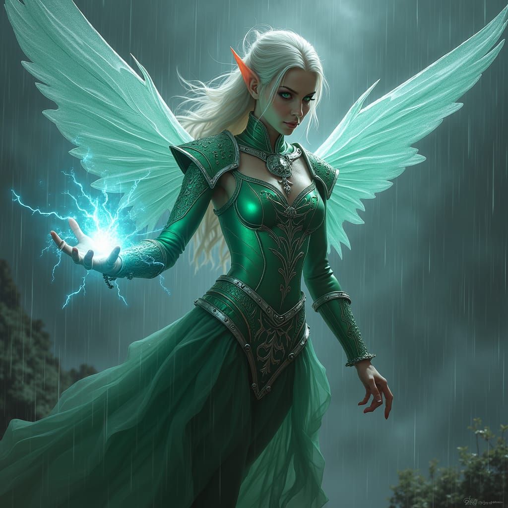High Elf Conjures Lightning in Stormy Sky