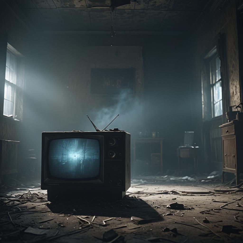 Eerie TV Static in Abandoned Room: Cinematic Horror