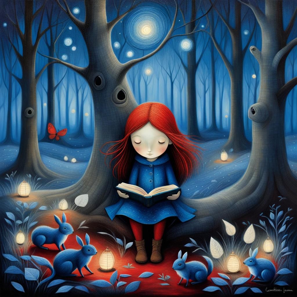 Girl Reads Book in Red Midnight Forest