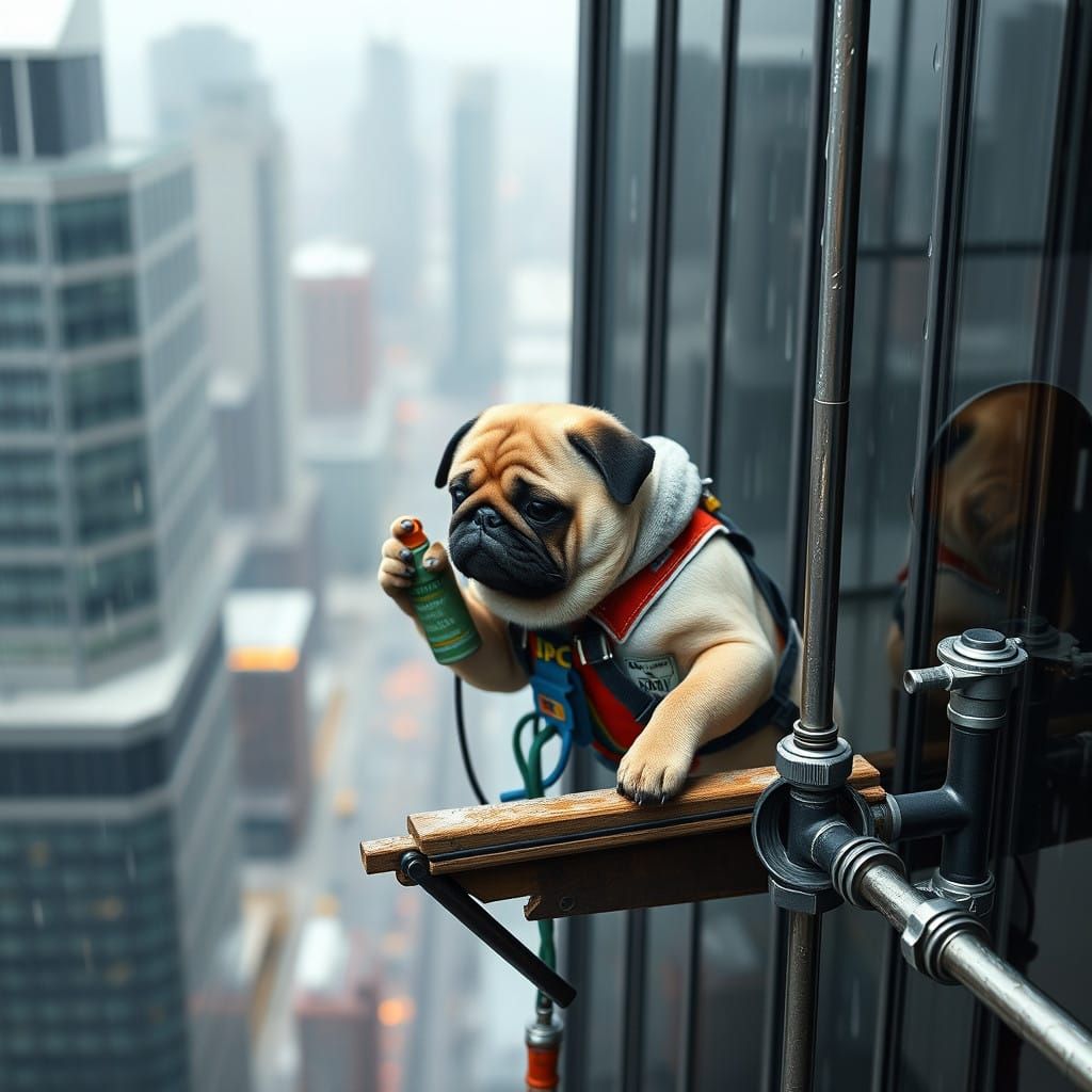 Pug Window Washer in Modern Skyscraper
