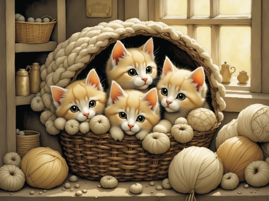 Five Cute Cats in Wool Basket, Storybook Illustration