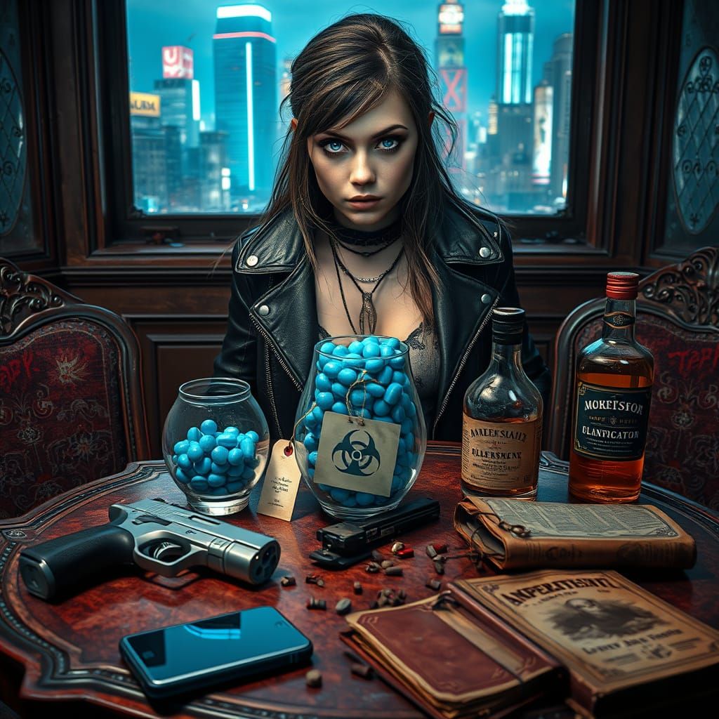 Cyberpunk Despair: A Young Woman's Struggle with Addiction