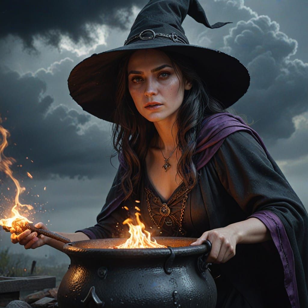 Witch Brewing Potion Under Stormy Sky