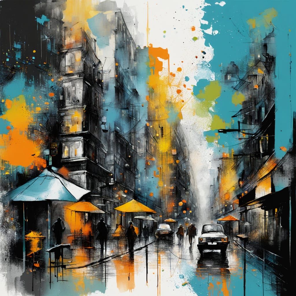 Chaotic Cityscape with Cold Colors and Craquelure Effect