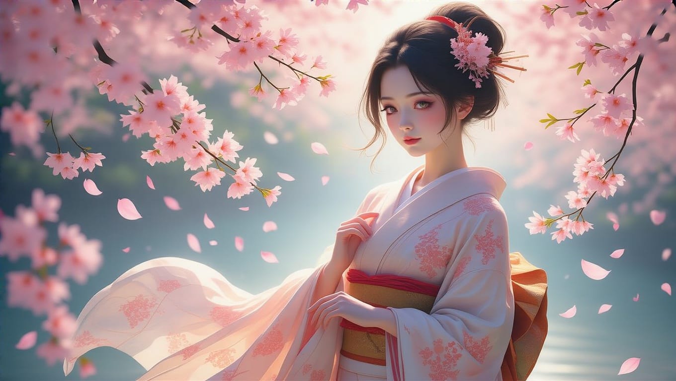 Ethereal Woman in Delicate Kimono, Surrounded by Swaying Sak...