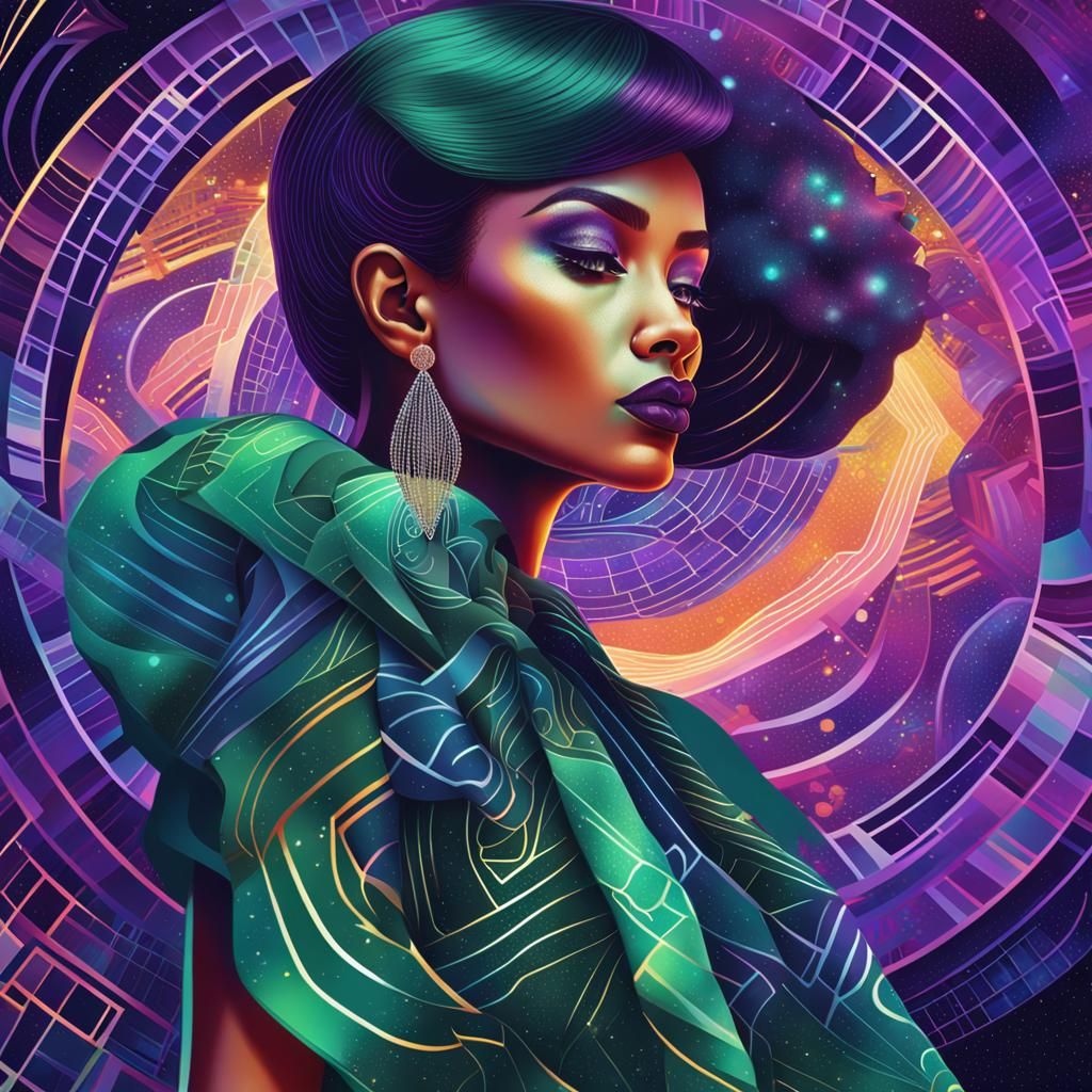 Psychedelic Portrait of Woman in Art Deco Style