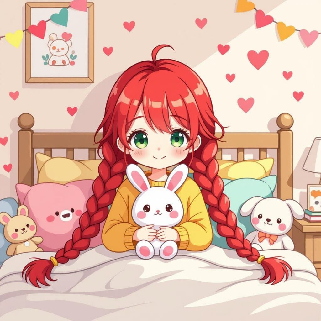 Red-Haired Woman with Bunny in Crayon Art Style