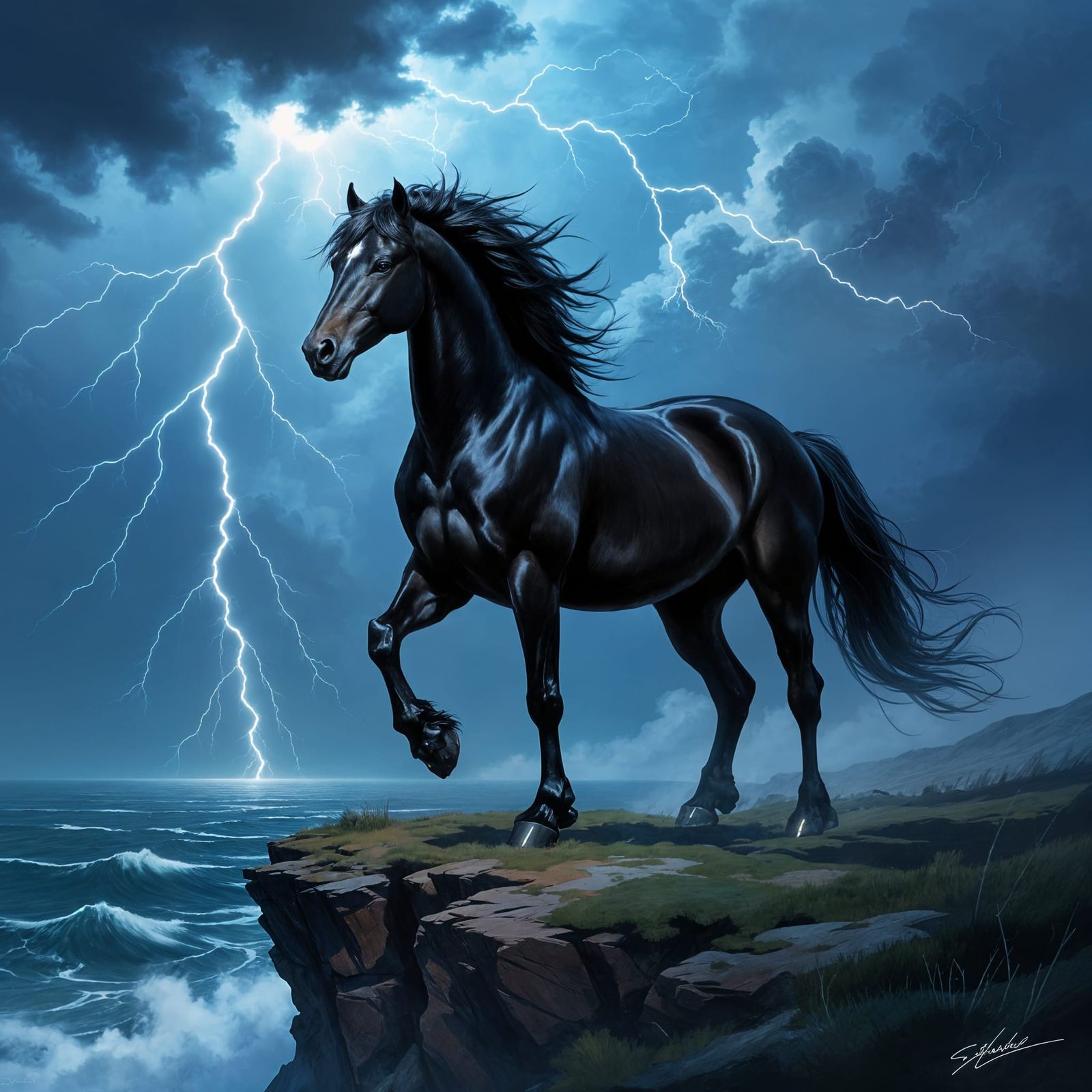Majestic Obsidian Stallion on Stormy Cliff Edge