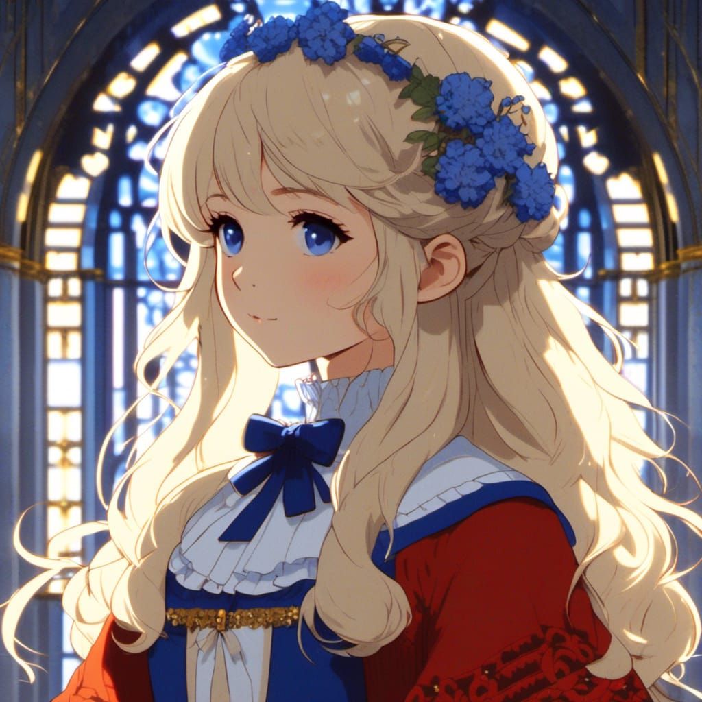 Glitchcore Portrait: Blonde Girl in Electric Blue Garden