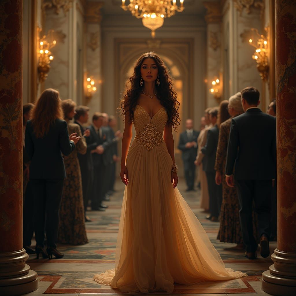 Elegant Woman in Grand Hall: Photorealistic Art