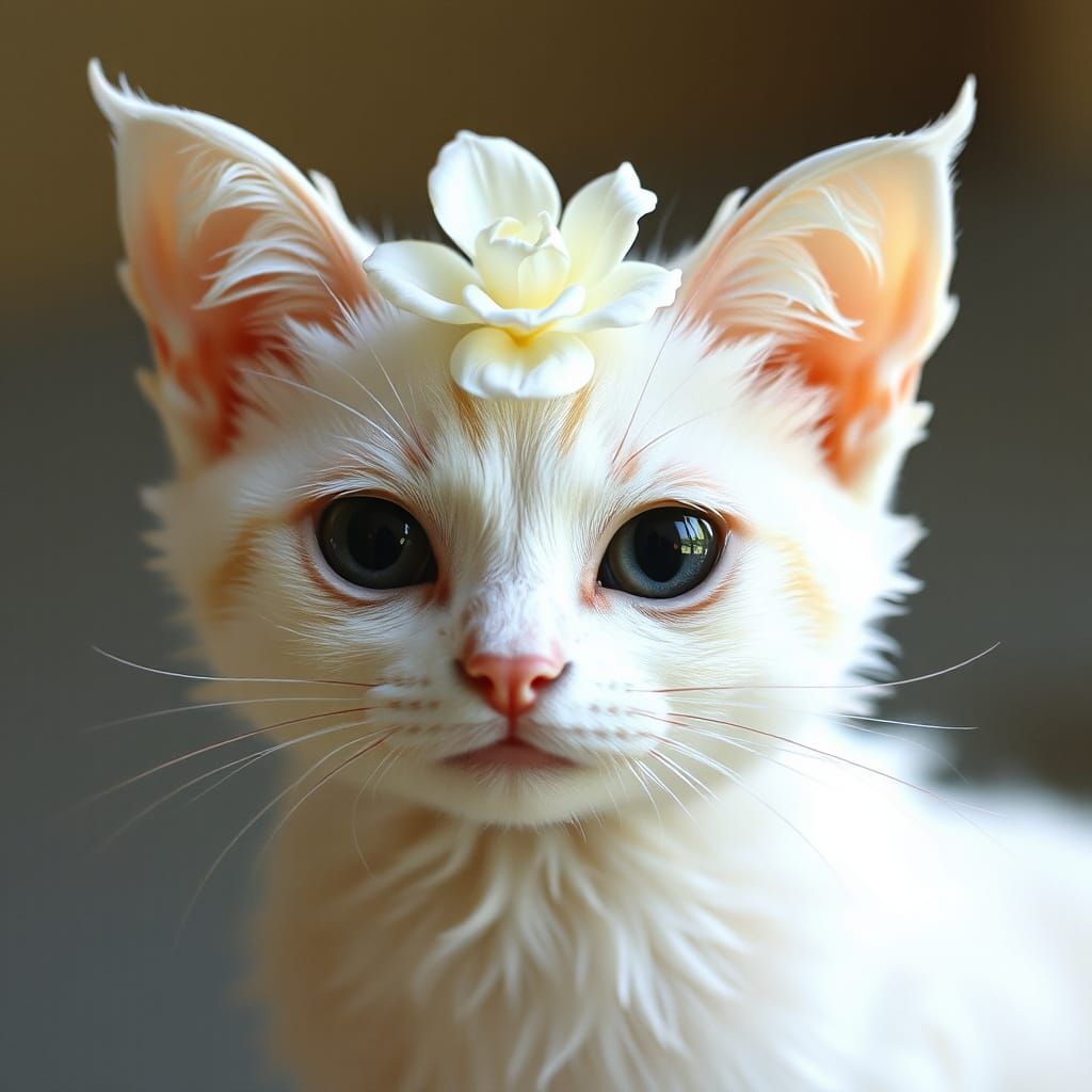 A white, feline creature with delicate gardenia blossom feat...
