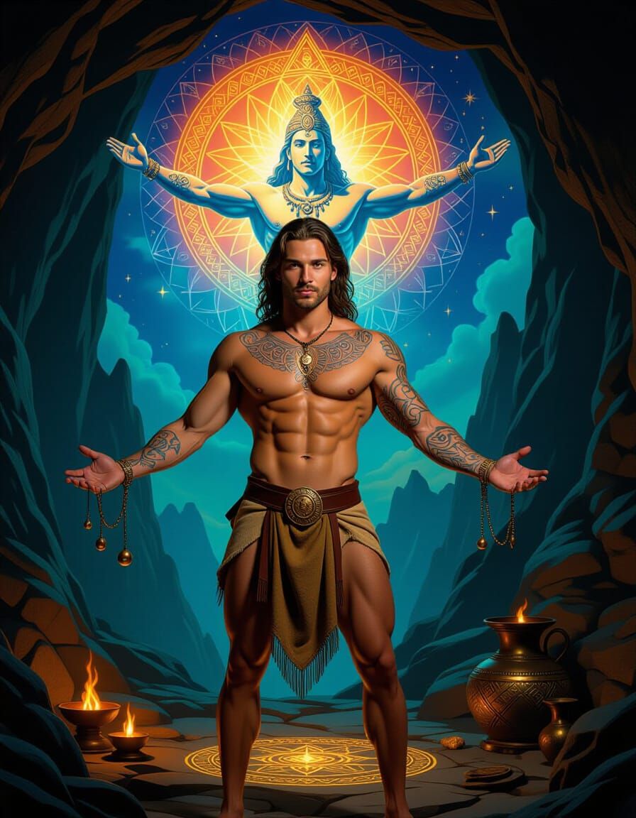 Mystical Cave Hideout with Sacred Symbols and Alchemical Art