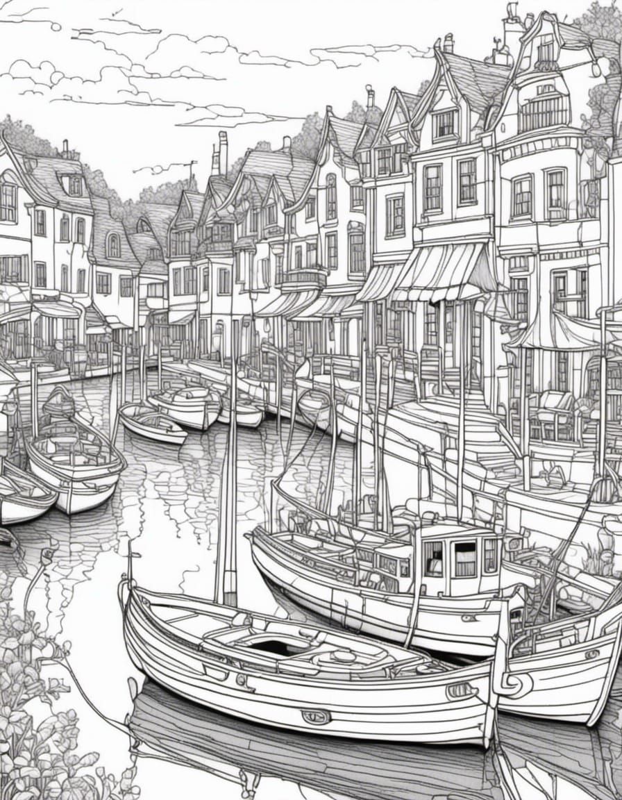 Coloring Book Page: Small Harbor with Boats