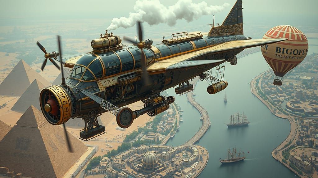 Steampunk Cat Aircraft Over Egypt with Pyramids